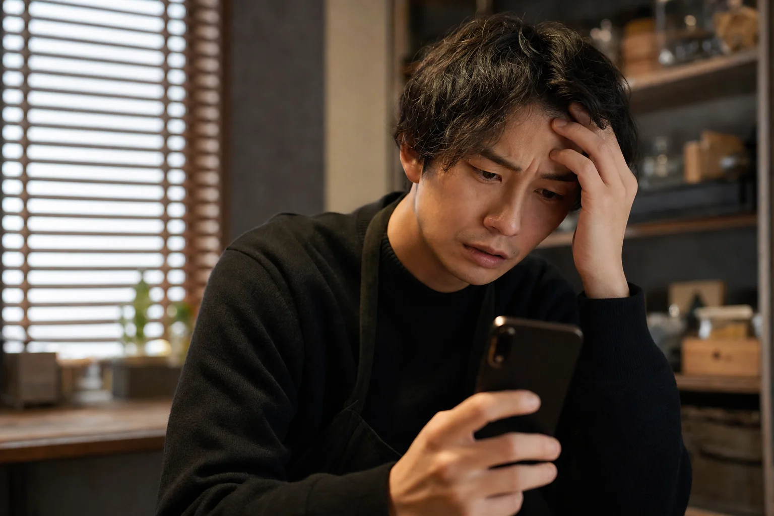 スマホを手に困った表情を浮かべる人