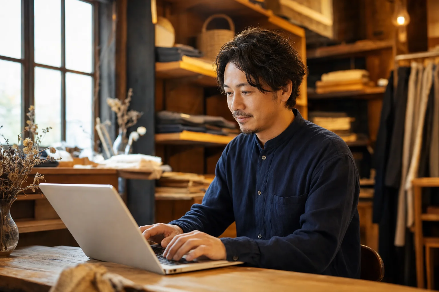 ノートパソコンで口コミに丁寧に返信する店主