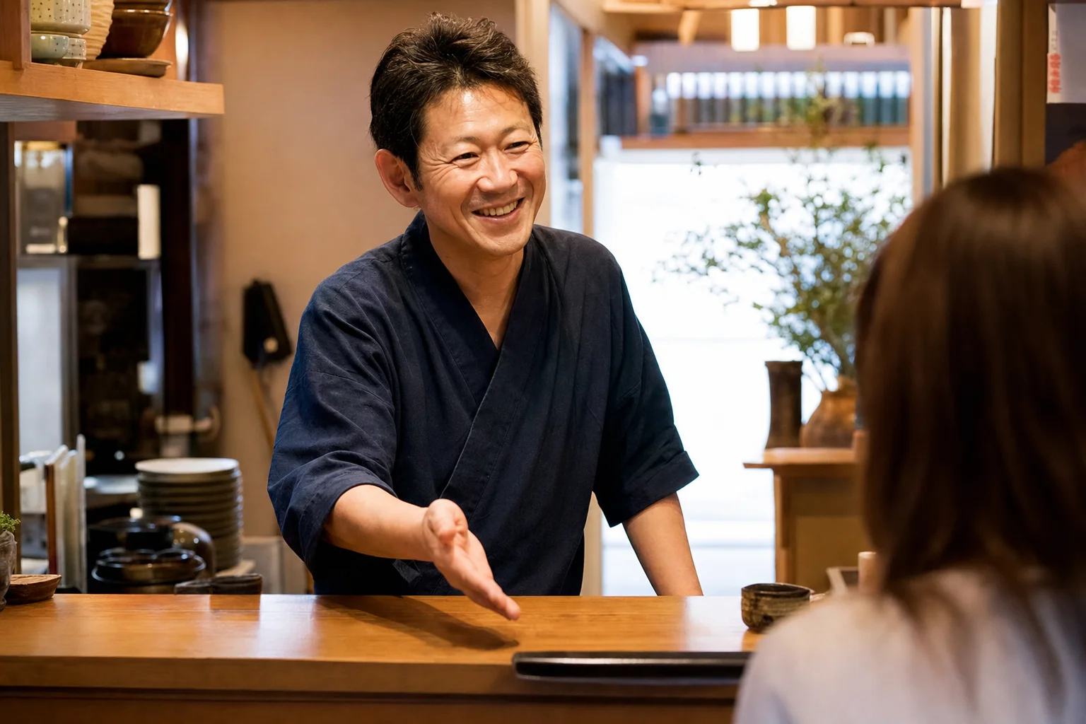 カウンターでお客様を温かく迎える飲食店の様子