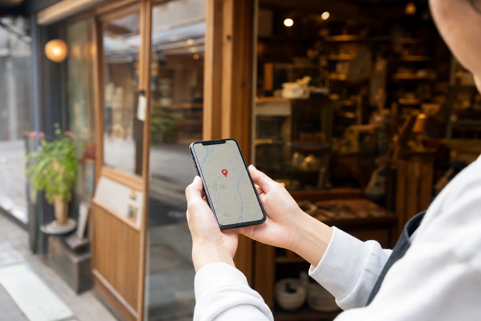 Googleマップ上で店舗情報を確認するスマートフォンの画面と店主