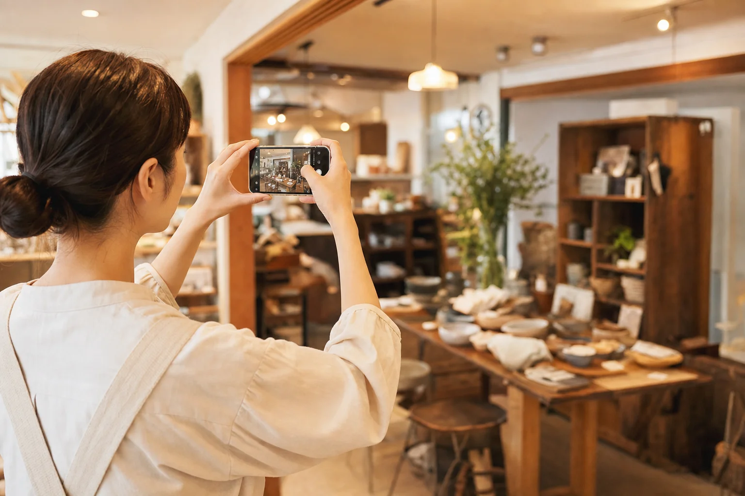 店内の様子をスマートフォンで撮影してプロフィールに登録する店員
