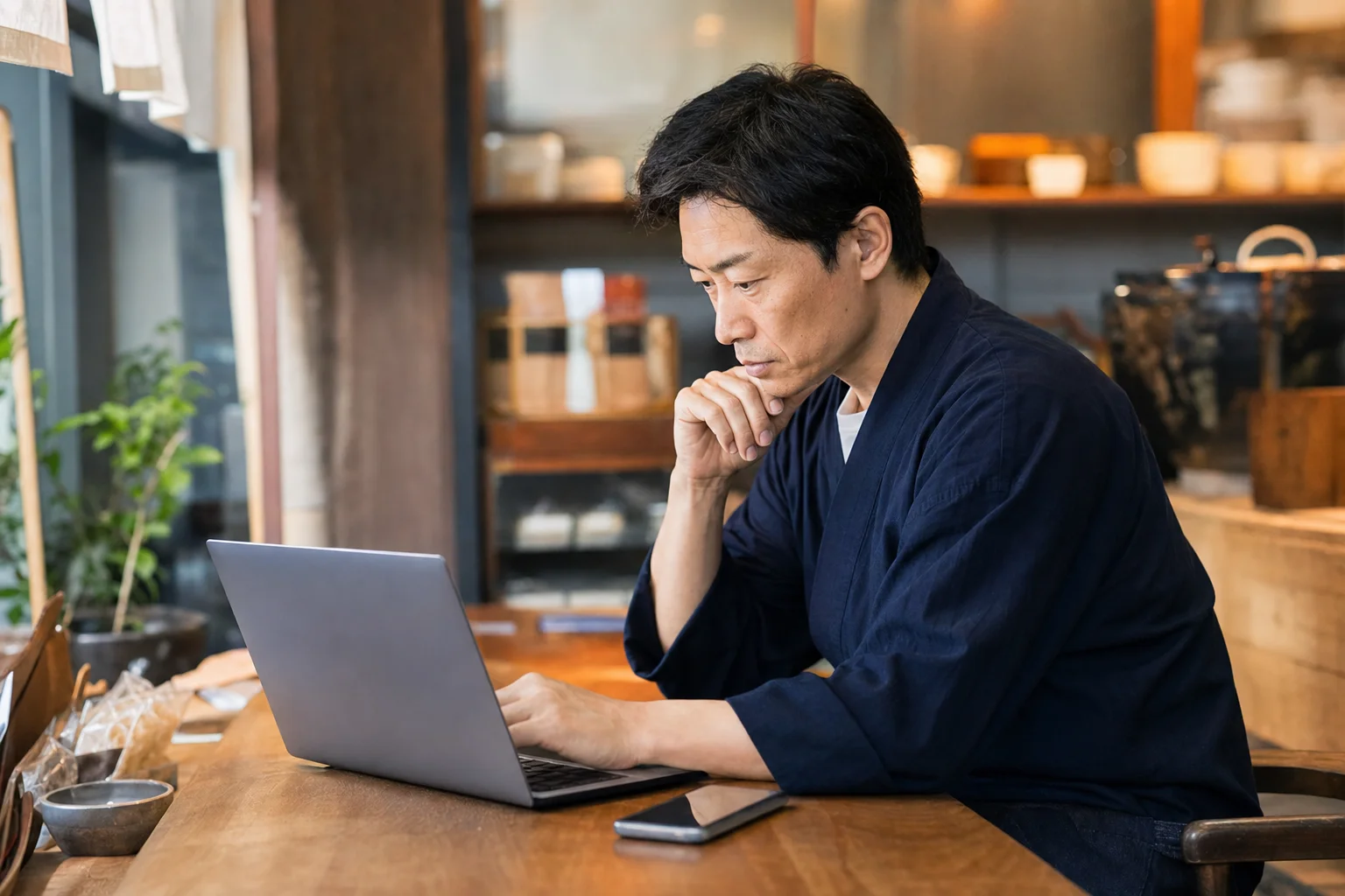 ノートパソコンとスマホでGoogleマップの検索順位を分析する店舗スタッフ