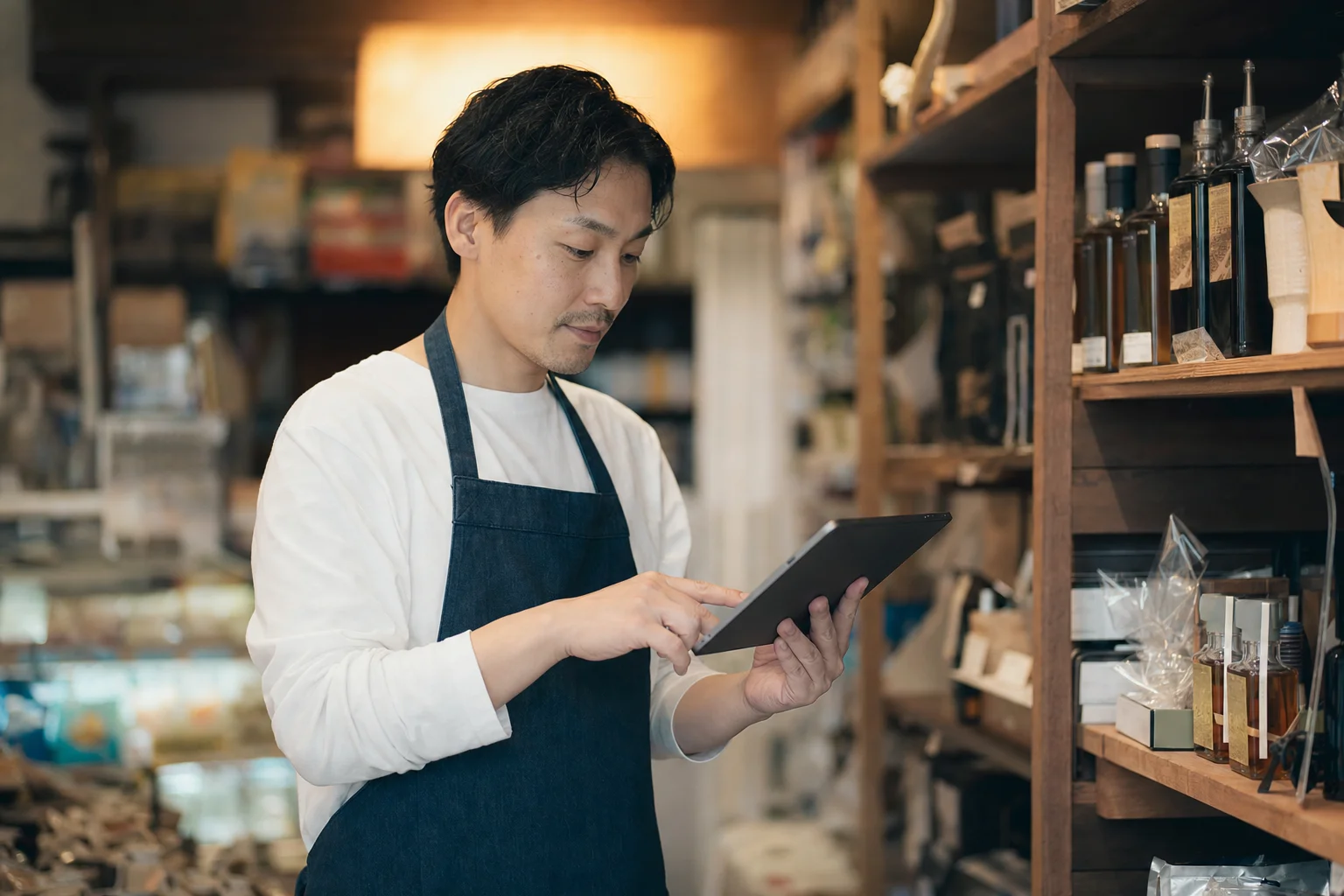 タブレットで店舗の基本情報を入力・確認する小売店オーナー