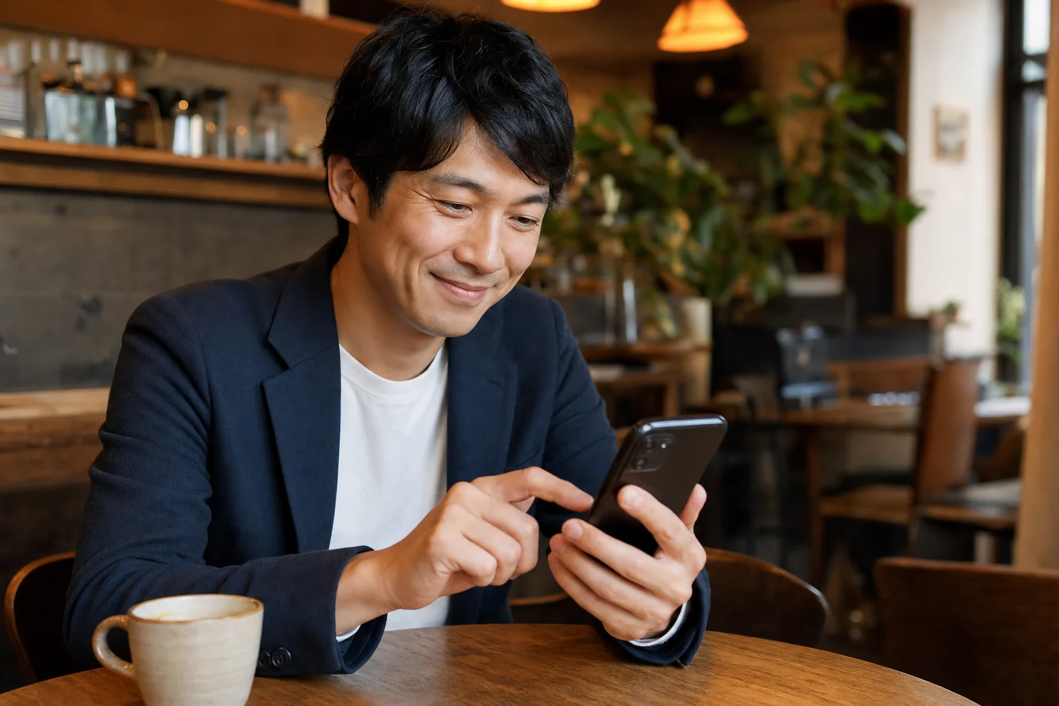 来店客がスマホで星評価の口コミを投稿する温かい店内の様子