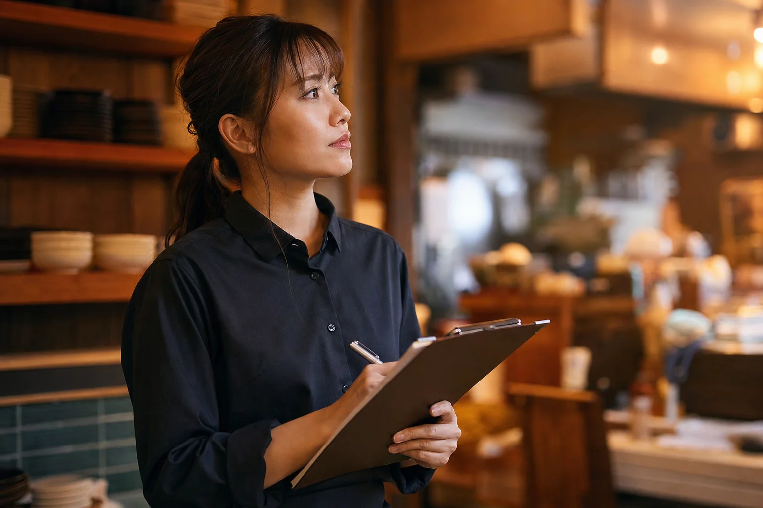 チェックリストを見ながら店舗運用を点検するサービス業のスタッフ
