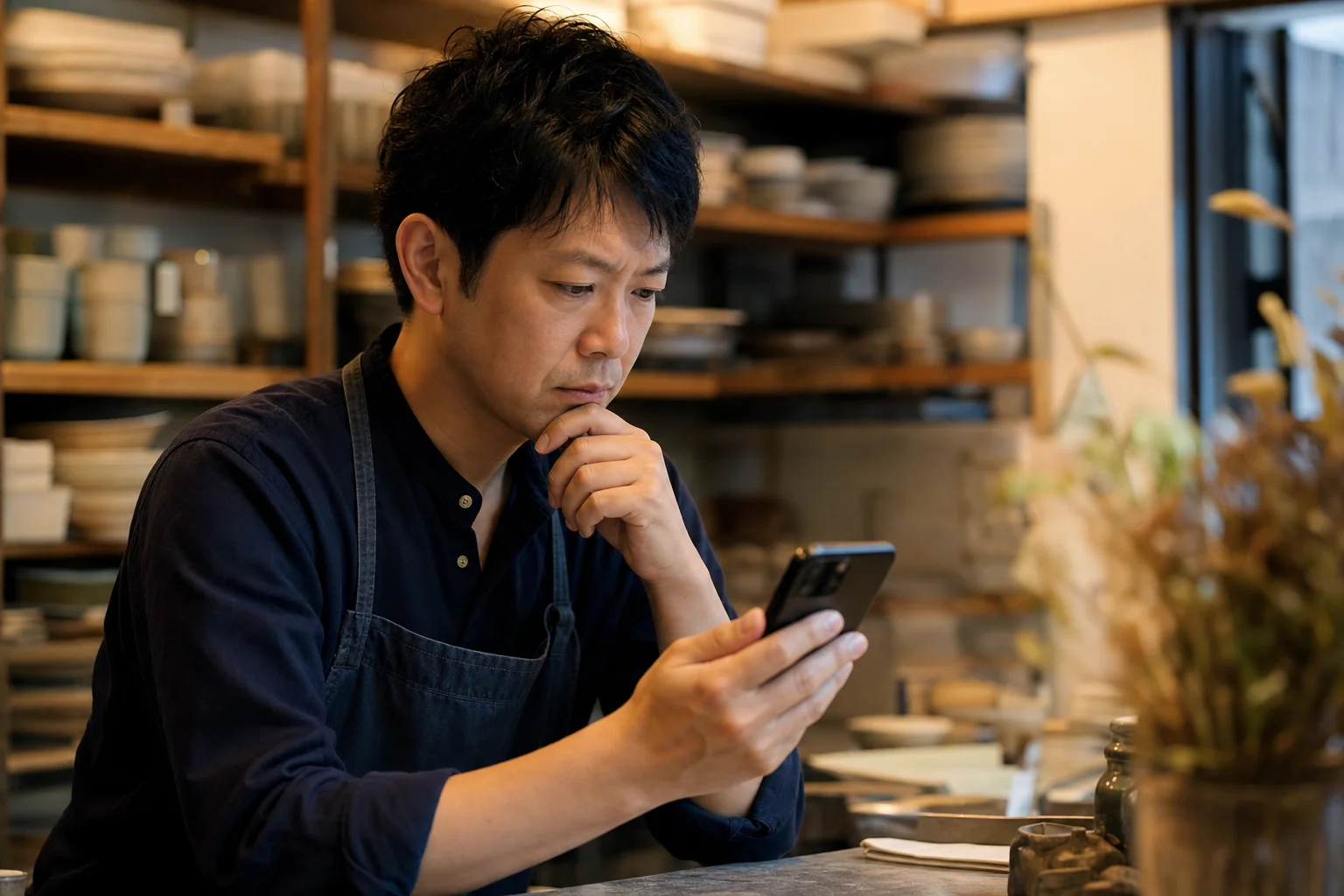 スマホのGoogleビジネスプロフィール画面を前に注意を促す店舗オーナー