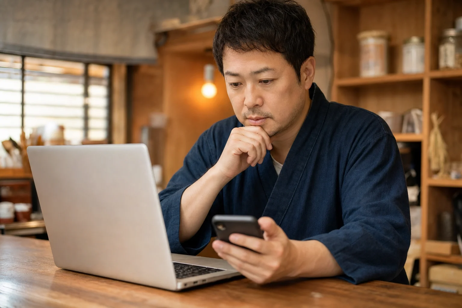 ノートパソコンとスマートフォンを並べて検索結果を比較する店主