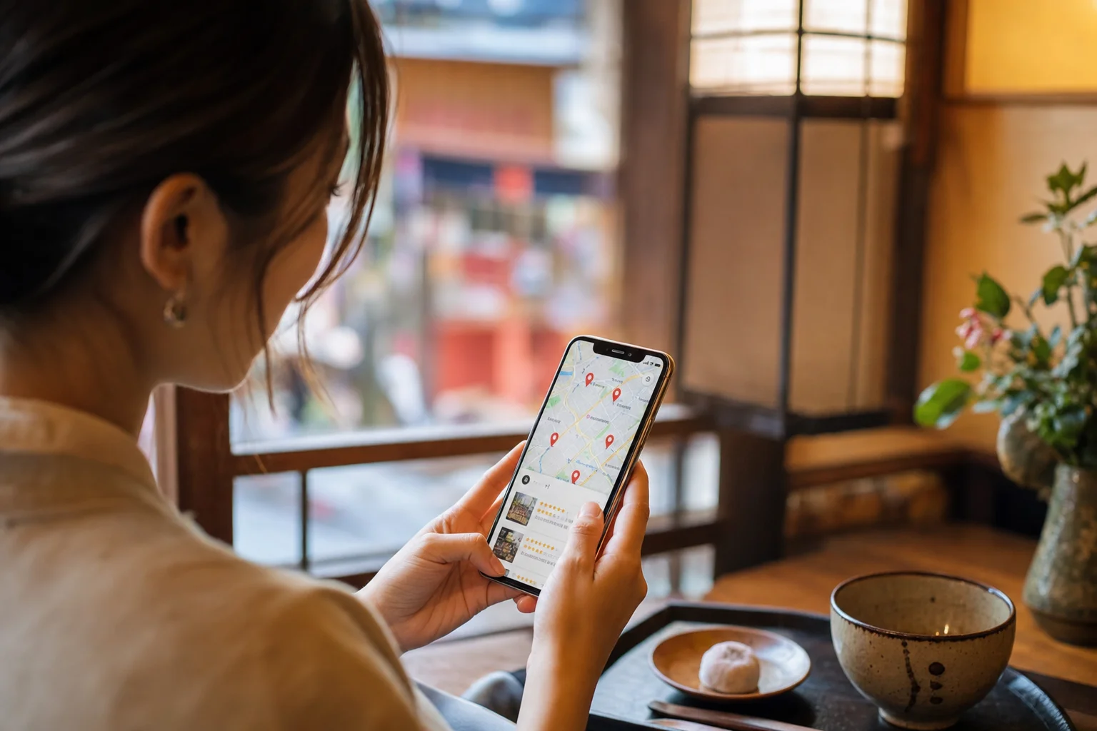 地図上の店舗ピンと評価の星を確認しながら検討するユーザー