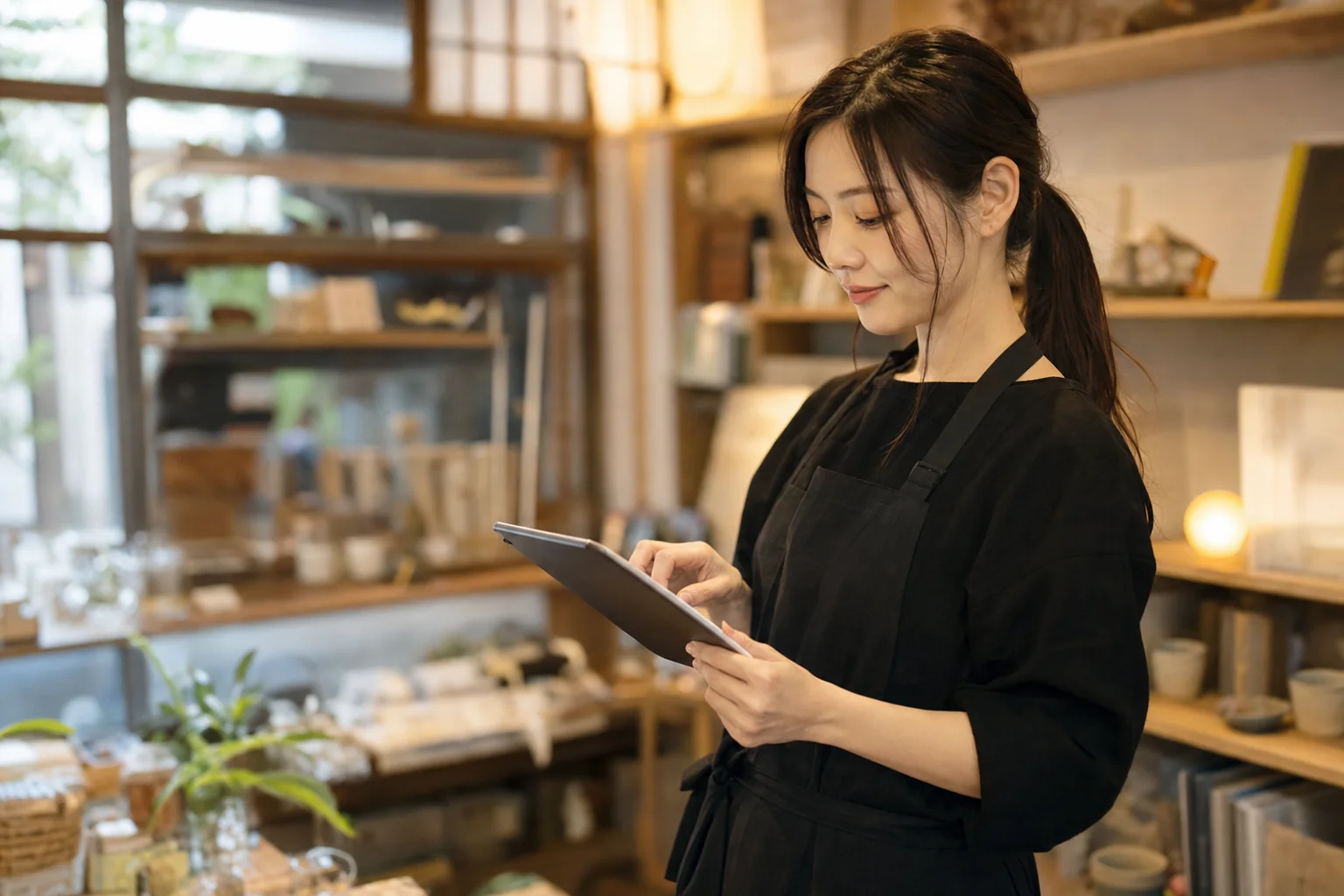 店内でタブレットを使い店舗情報を入力・更新するスタッフ