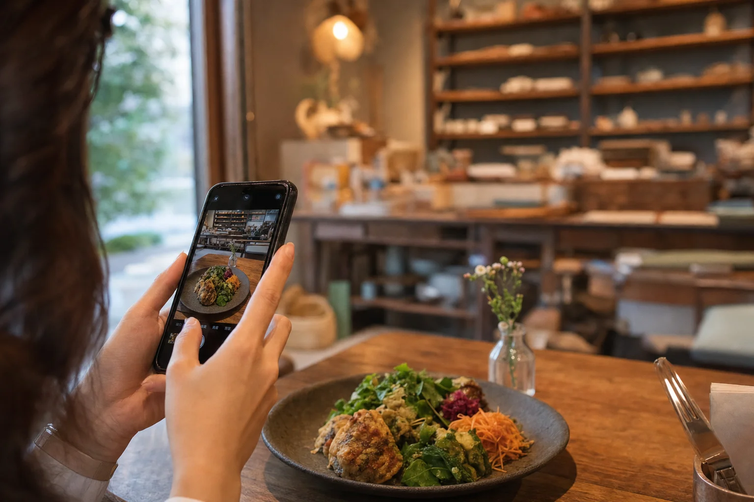 スマートフォンで料理や店内の写真を撮影して投稿準備をする様子
