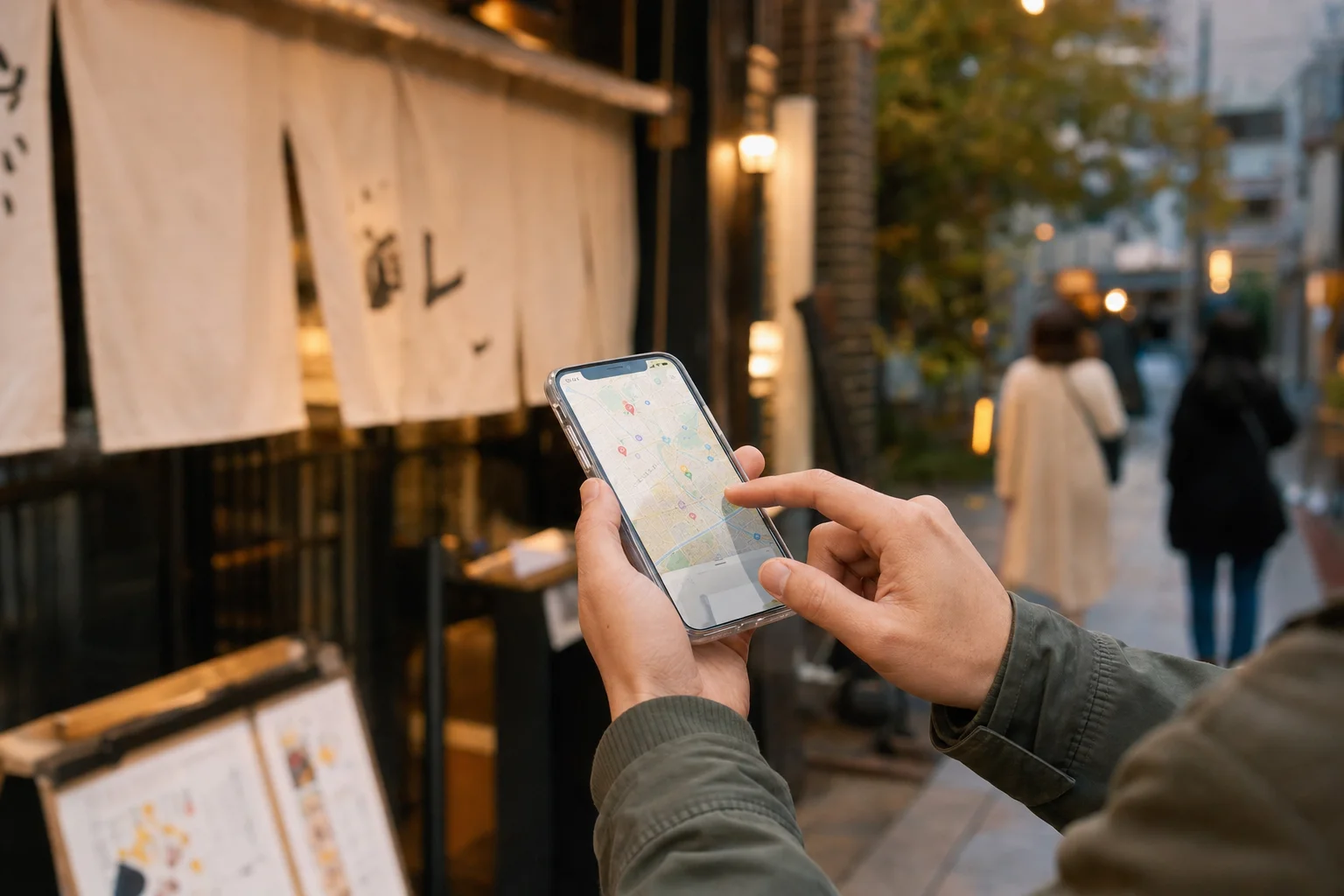 スマートフォンで近くの飲食店をGoogleマップ検索する人の手元