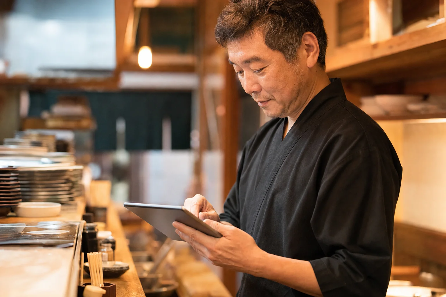 タブレットで店舗情報を入力・更新する飲食店オーナー