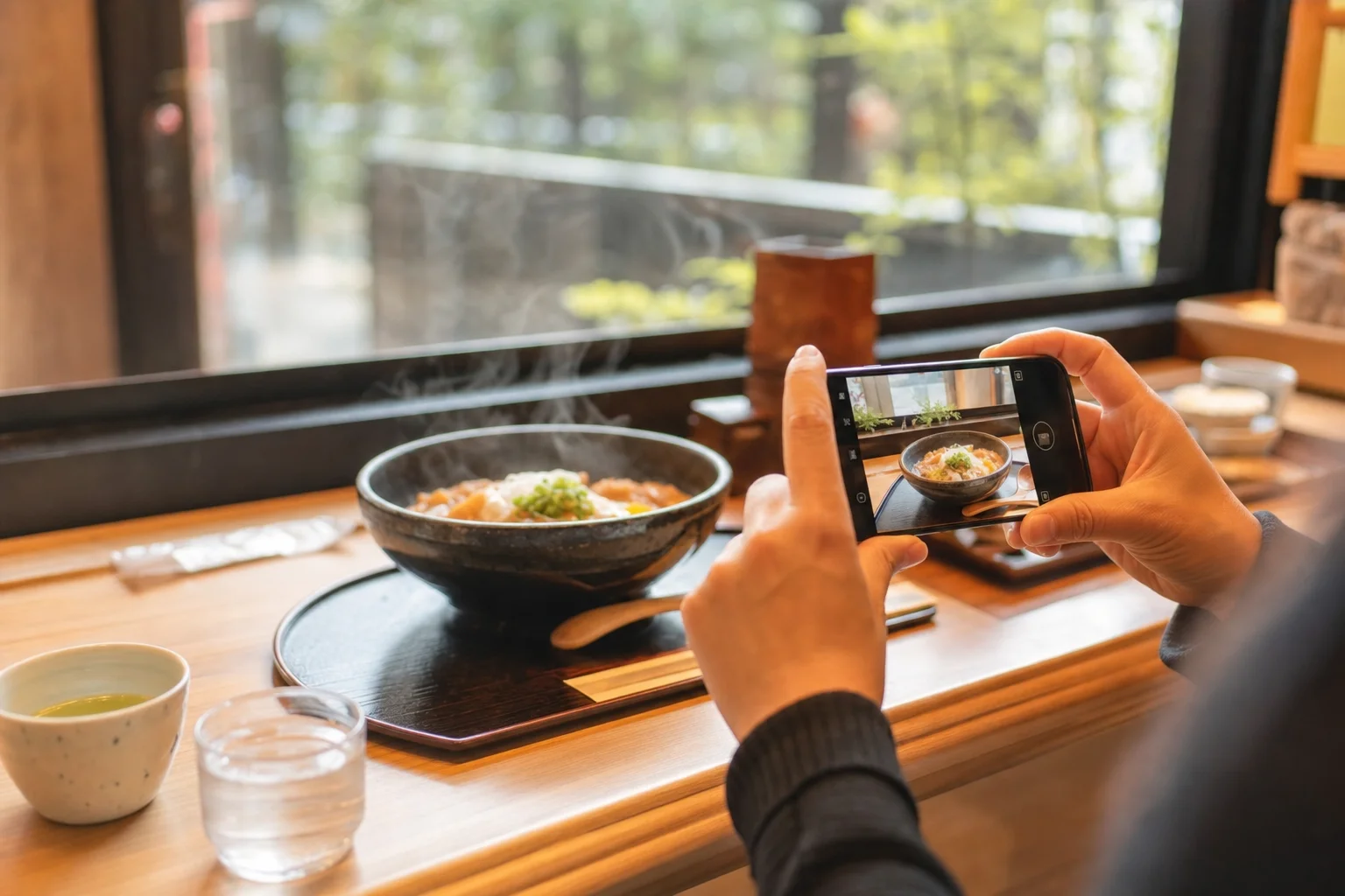 自然光の入る席で湯気の立つ料理をスマホで撮影する様子