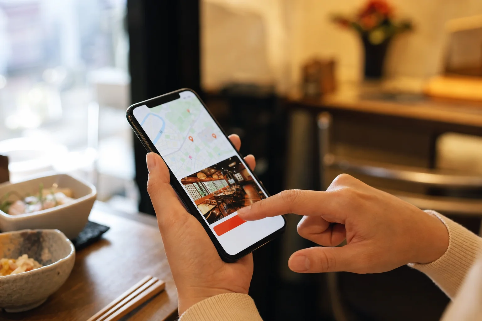 スマートフォンでGoogleマップから飲食店の予約ボタンを操作する手元