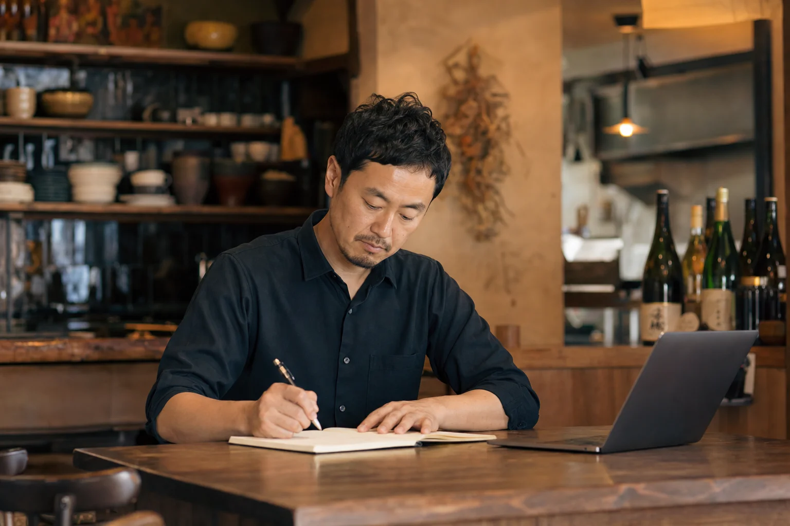 ノートにMEO対策の手順を書き出して計画する飲食店オーナー