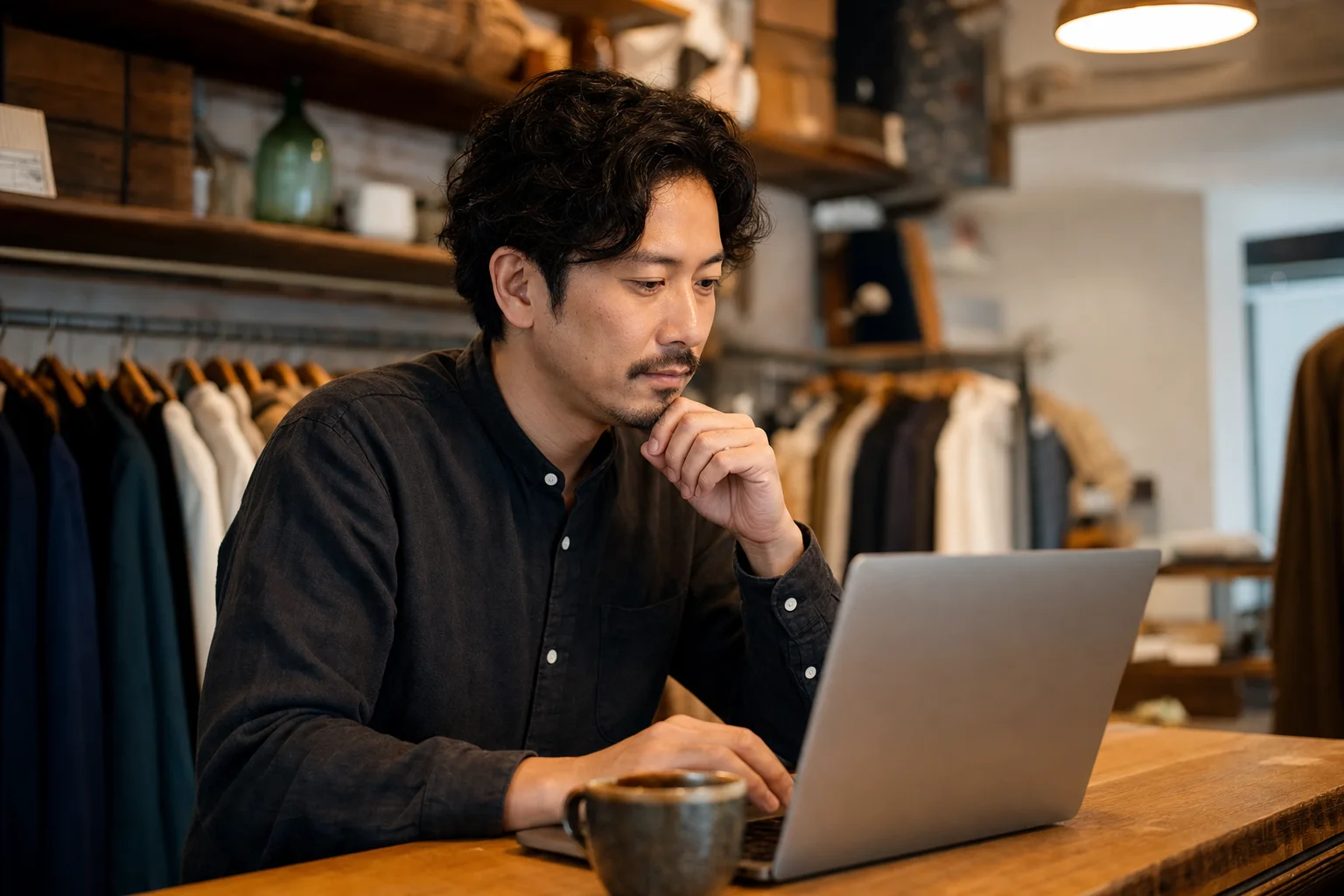 ノートパソコンで口コミに丁寧に返信を書く店主