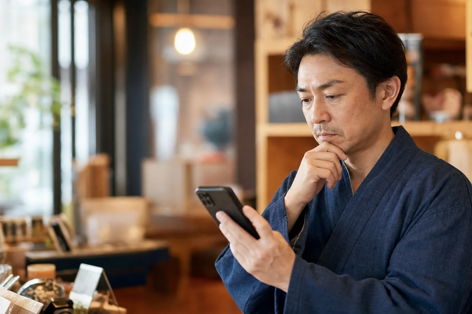 落ち着いた表情で口コミへの返信を考える店舗オーナー