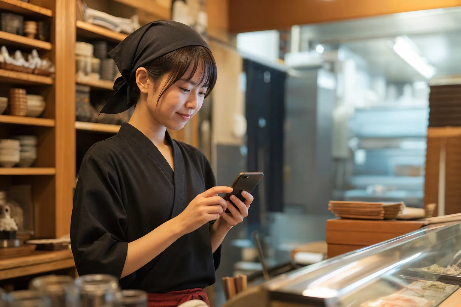 営業の合間にスマホで口コミ通知を確認するスタッフ