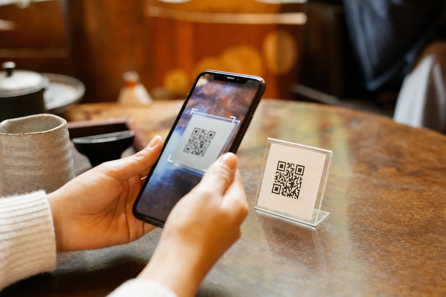 テーブルのQRコードをスマホで読み取り口コミを投稿するお客さま