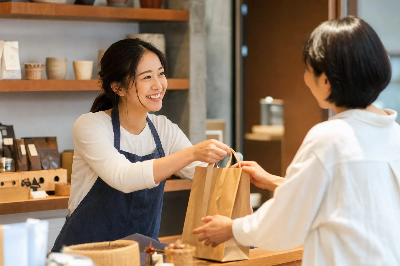 さまざまな業種の店舗スタッフがお客さまに笑顔で接客する様子