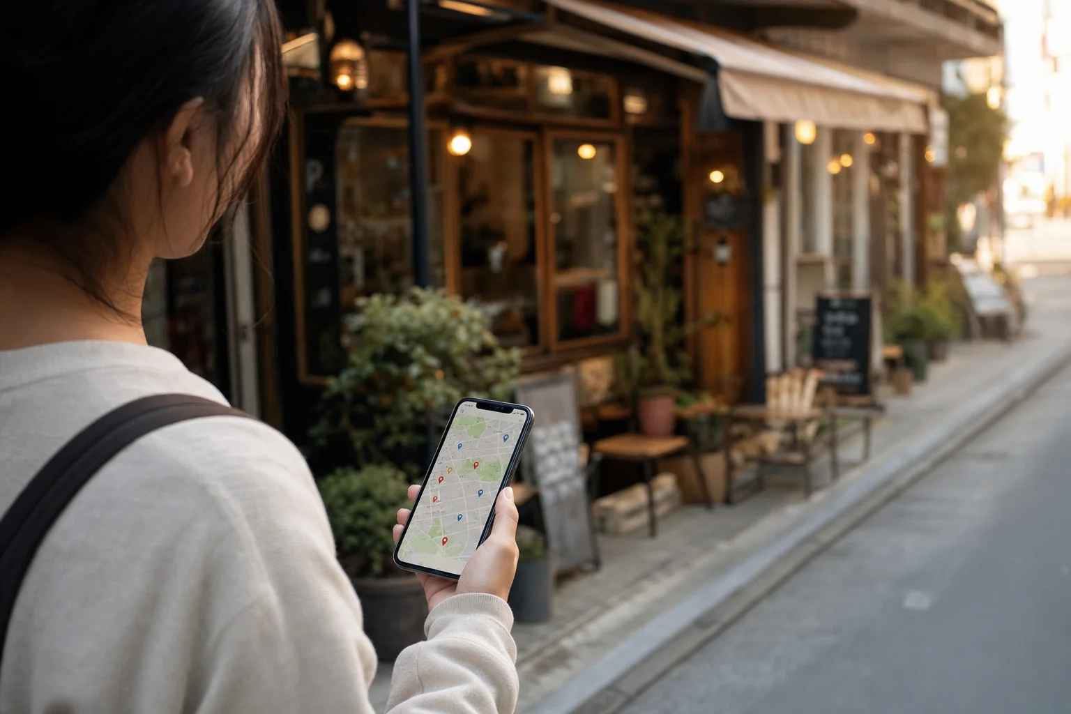 スマートフォンのGoogleマップで近くのお店を探す人と、地域の店舗の風景