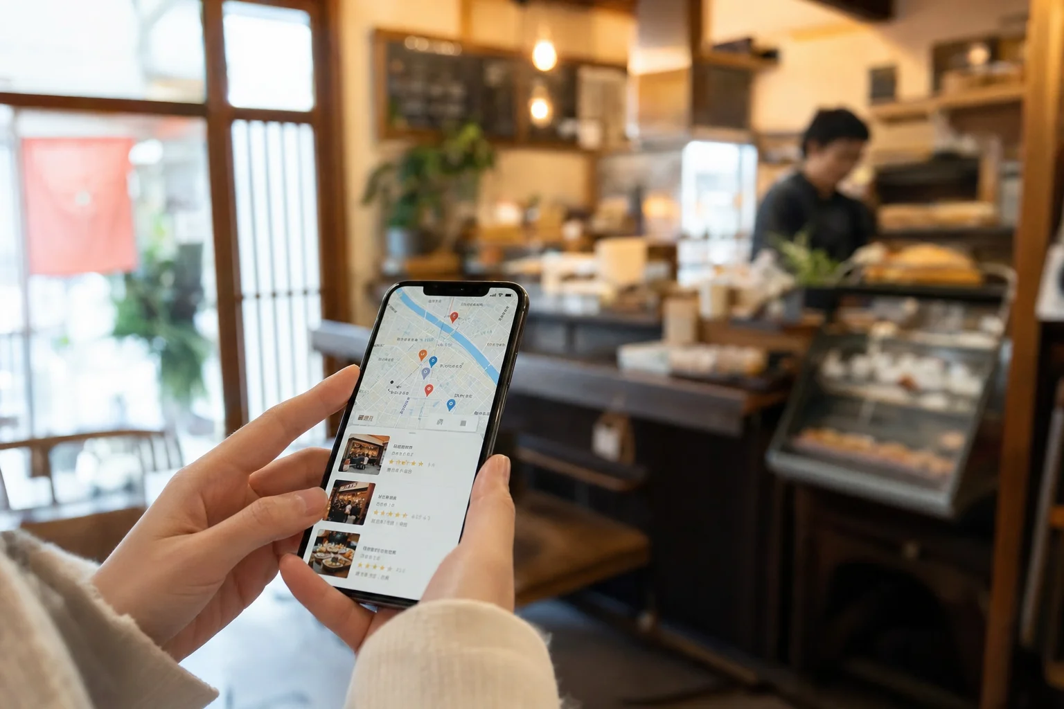 スマートフォンの地図アプリで周辺のお店の検索結果を見ている手元