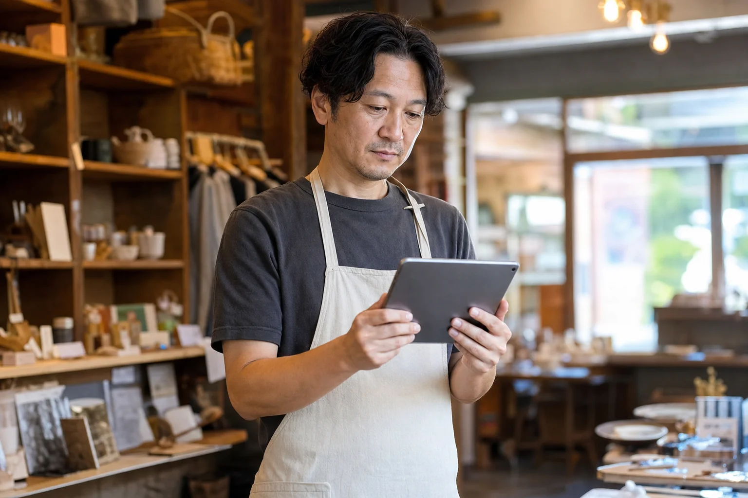 タブレットで自店のGoogleビジネスプロフィールと口コミを確認する店主