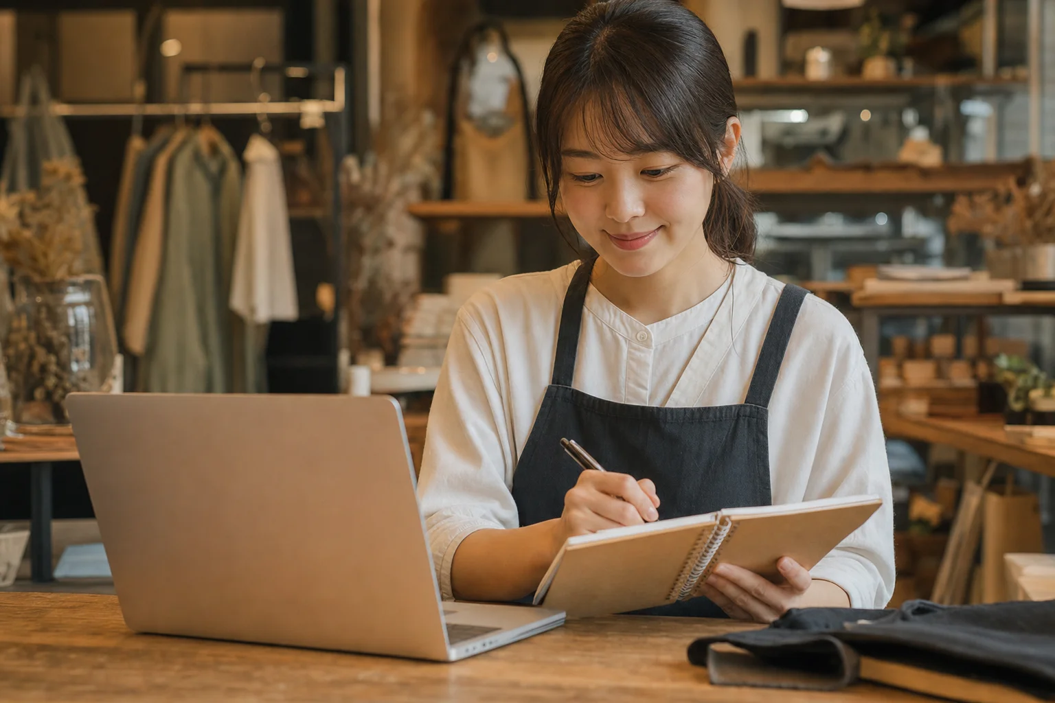 ノートパソコンの前でメモを取りながら集客の計画を立てる店舗スタッフ